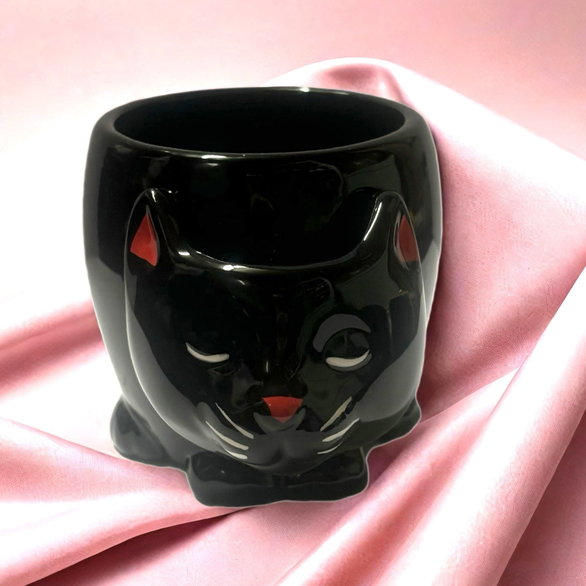 Black Cat Ceramic Mug Red Ears Nose Sculpted Coffee Tea Cup Cute Gift