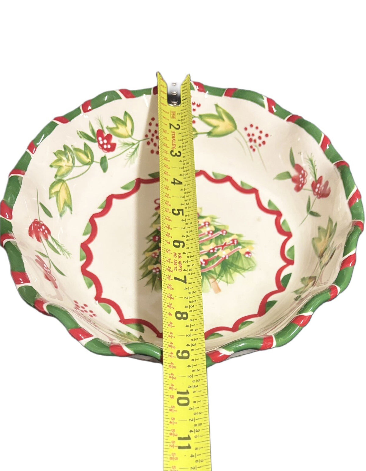 BOSTON WAREHOUSE Serving Bowl Scalloped Christmas Tree Floral Red Green Dish