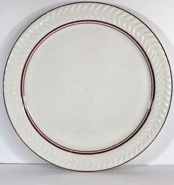 Vintage SHENANGO China 7-Dinner Plates Syracuse Embossed Laurel Red Band 10.5"D