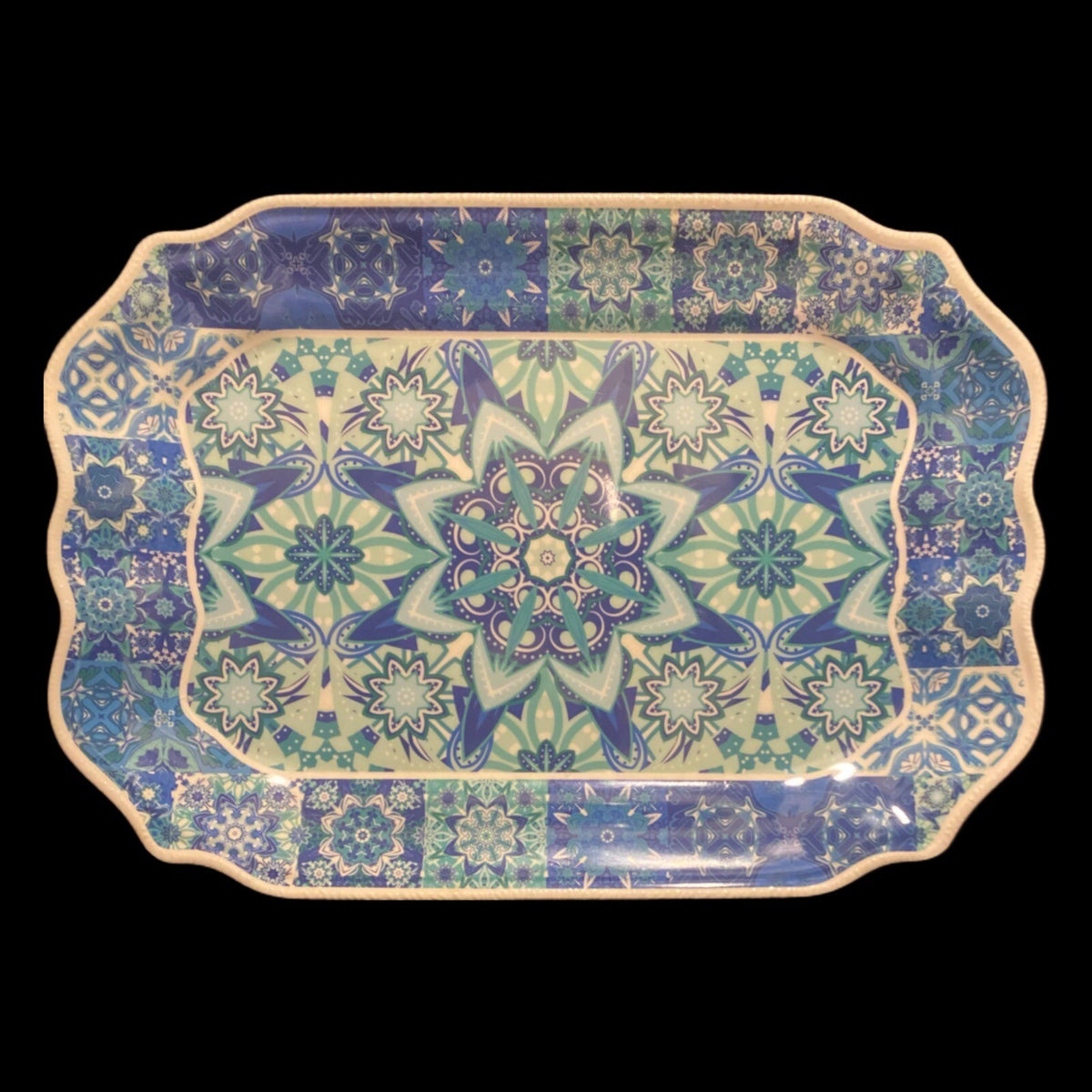 Baci Milano Melamine Serving Tray Medallion Blue Tile Scalloped White Border
