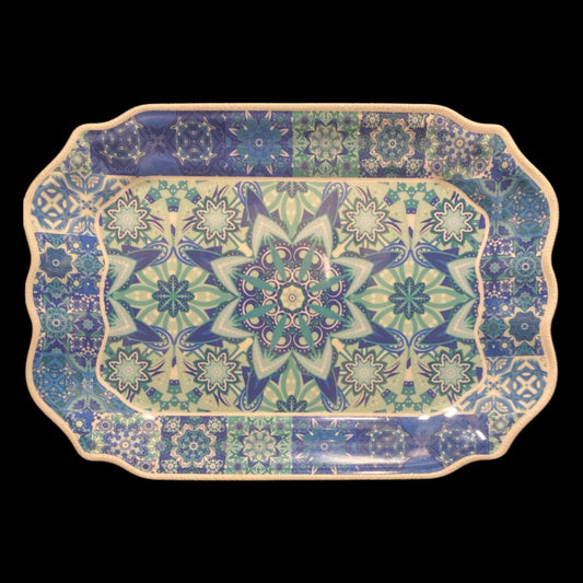 Baci Milano Melamine Serving Tray Medallion Blue Tile Scalloped White Border