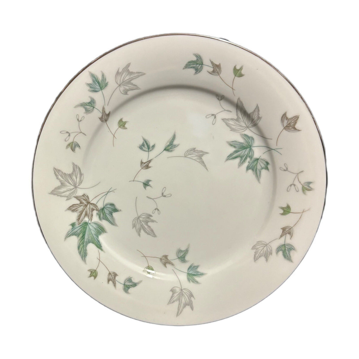 Noritake Greenwood 4-Dinner Plates Ceramic # 5769 Leaves Silver Trim Japan