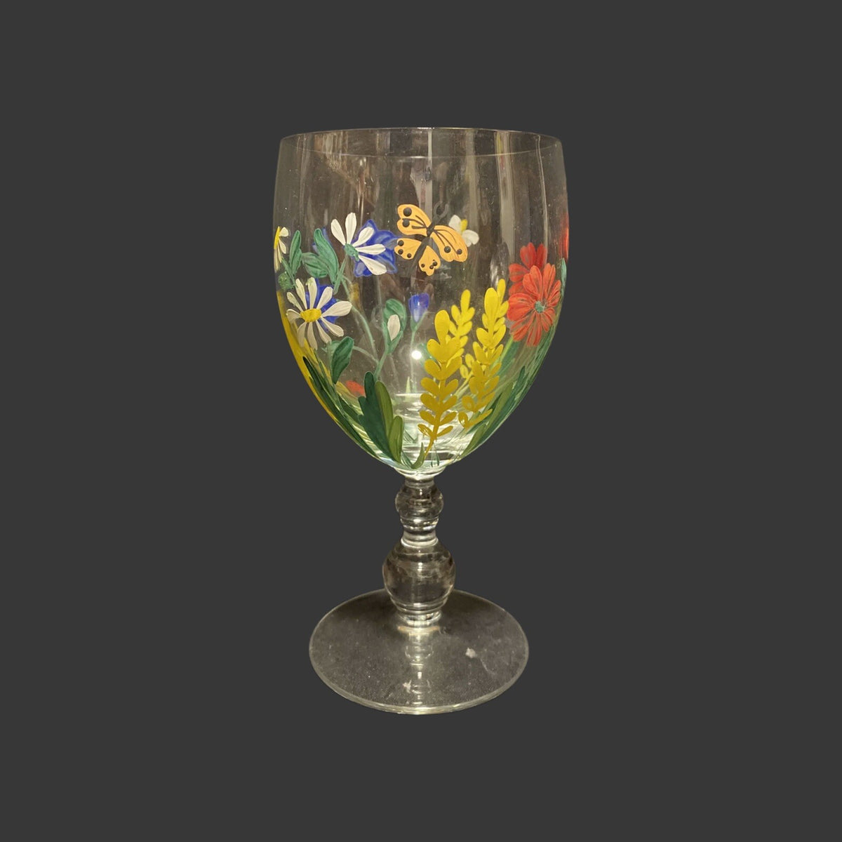 2-Hand Painted Wine Juice Water Cocktail Clear Glass Colorful Flowers Butterfly