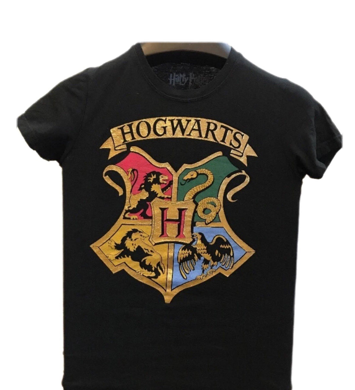 Harry Potter Hogwarts Black Tee Women’s M Warner Bros Gold Crest 100% Cotton