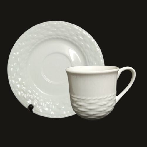 Gibson Designs SARASOTA 4-Flat Cups & 4 Saucers 7 Oz White Embossed Basketweave