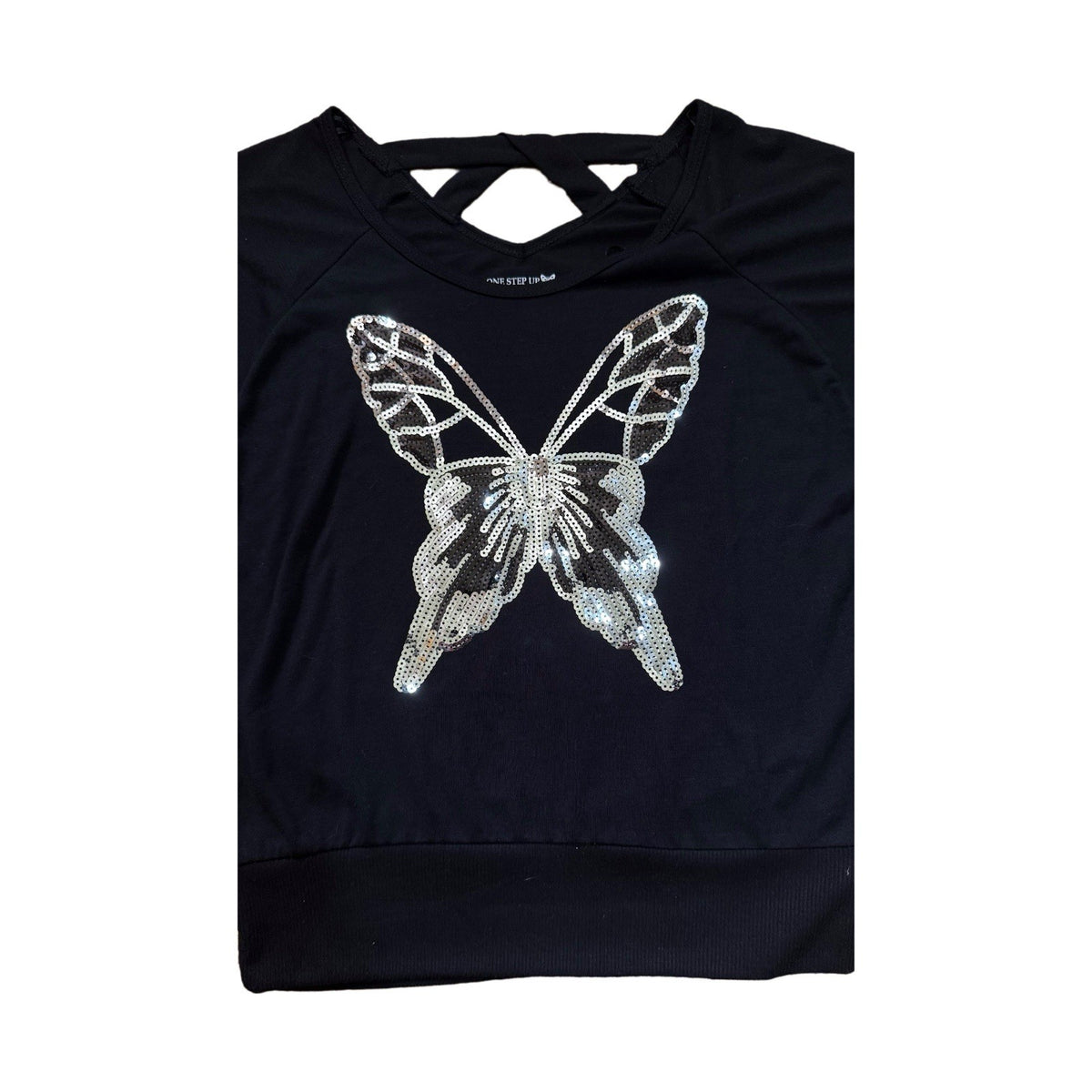 Girls L Black Sequin Butterfly Crop Top One Step Up Criss-Cross Back Tee