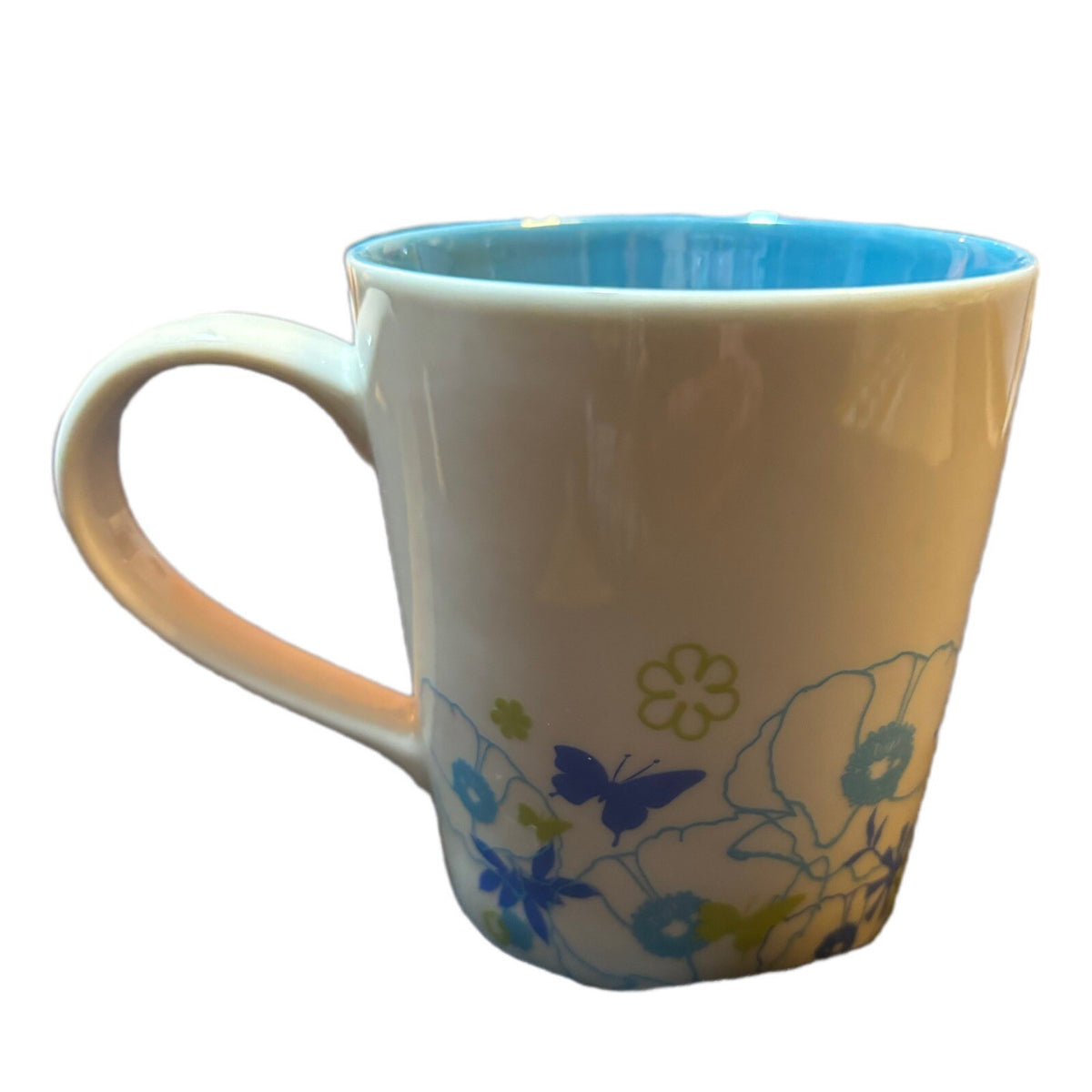 Vintage STARBUCKS 2006 Flowers Butterflies Blue Interior Coffee Tea Cup 11oz.