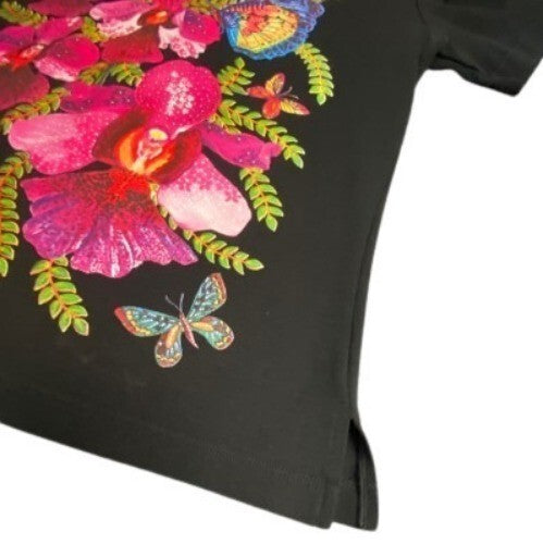 La Belle T-Shirt Flower Butterfly Black Top V Neck Short Sleeves 3XL Tee