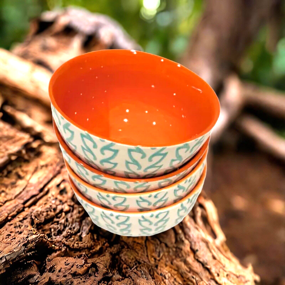 BAUM TANGIER 4- Soup Bowls Turqoise Orange Stoneware Cereal Dinnerware