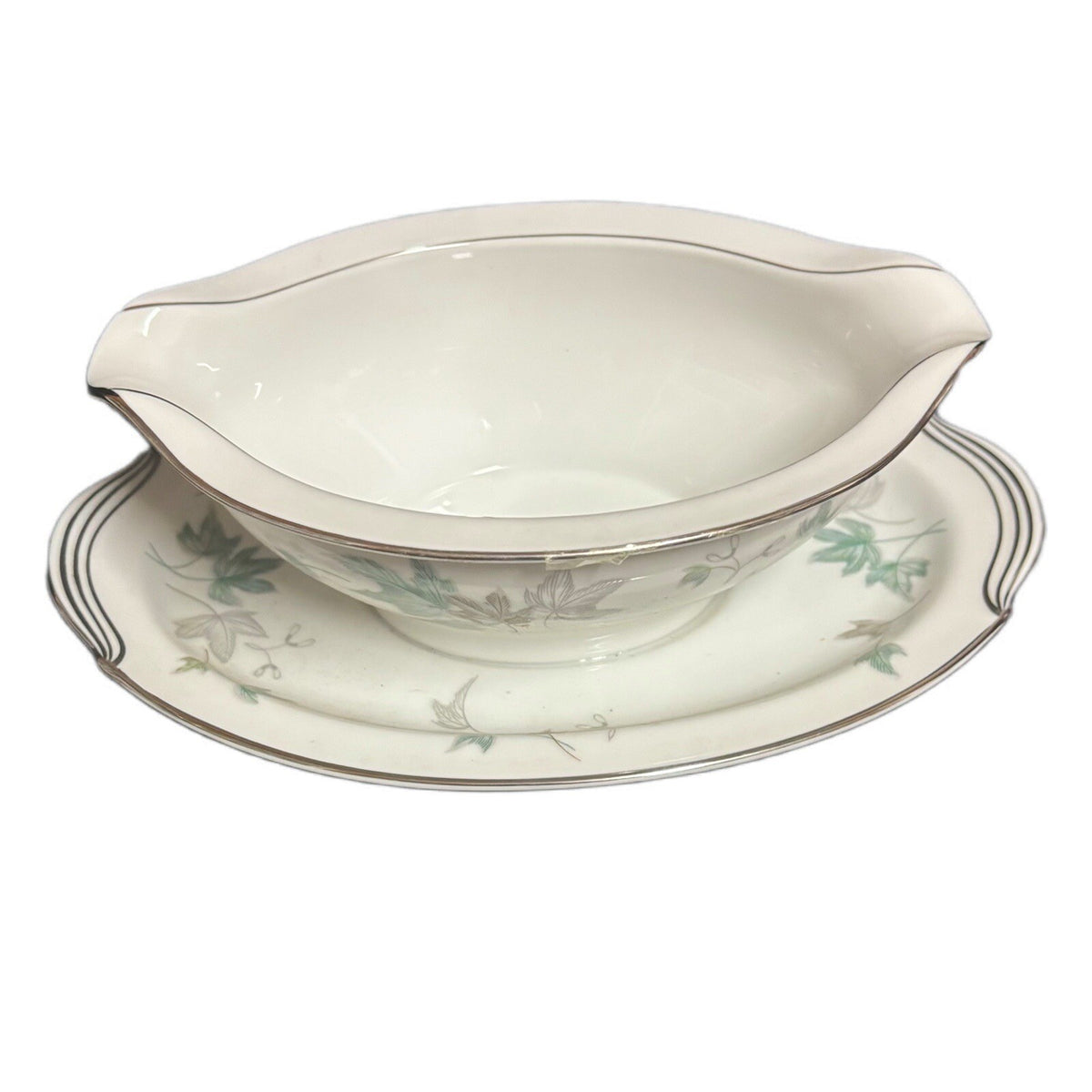 Noritake Greenwood Gravy Boat Condiment Dish Leaves Silver Trim Japan 5769