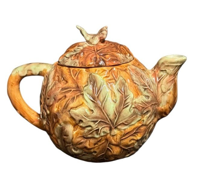 Rare Ceramic Teapot with Lid & 2 Mugs Embossed Autumn Leaves Coffee Tea Set