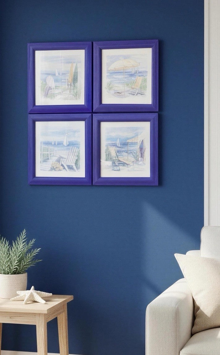 Vintage Set of 4 Charlene Winterle Olson Coastal Beach Prints Blue Frame 11.5"