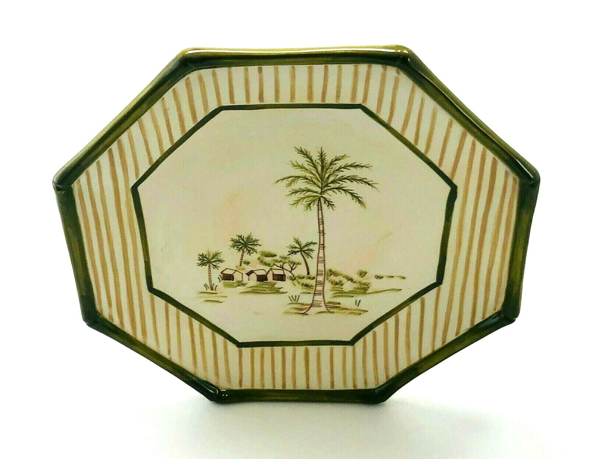 Waverly TAHITI Luncheon Plate Hand Painted Octagonal Palm Trees Stripes 9”D Dish