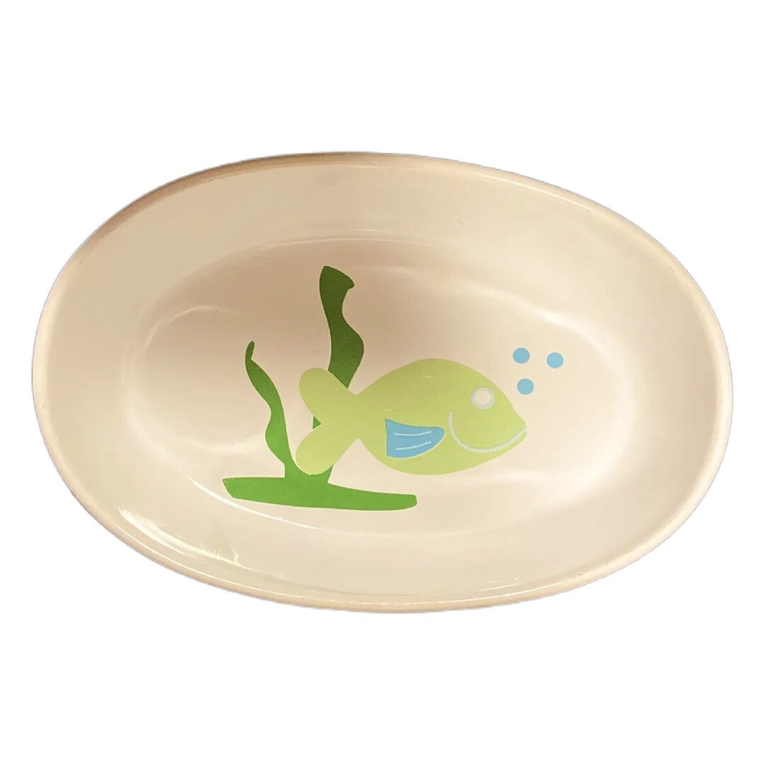 PetRageous Designs White Oval Cat Bowl Stoneware Food Water Dish Green Blue Fish