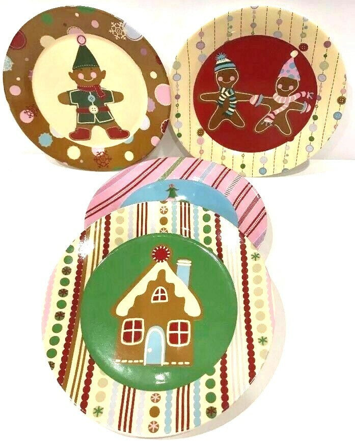 World Market GINGERBREAD 4 Salad Plates Christmas Ceramic Dessert Dishes 8"D
