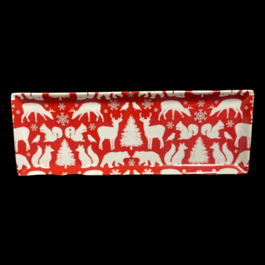 FOOD NETWORK Red Serving Tray Reindeer Bear Tree Ceramic Winter Cheese Cookies