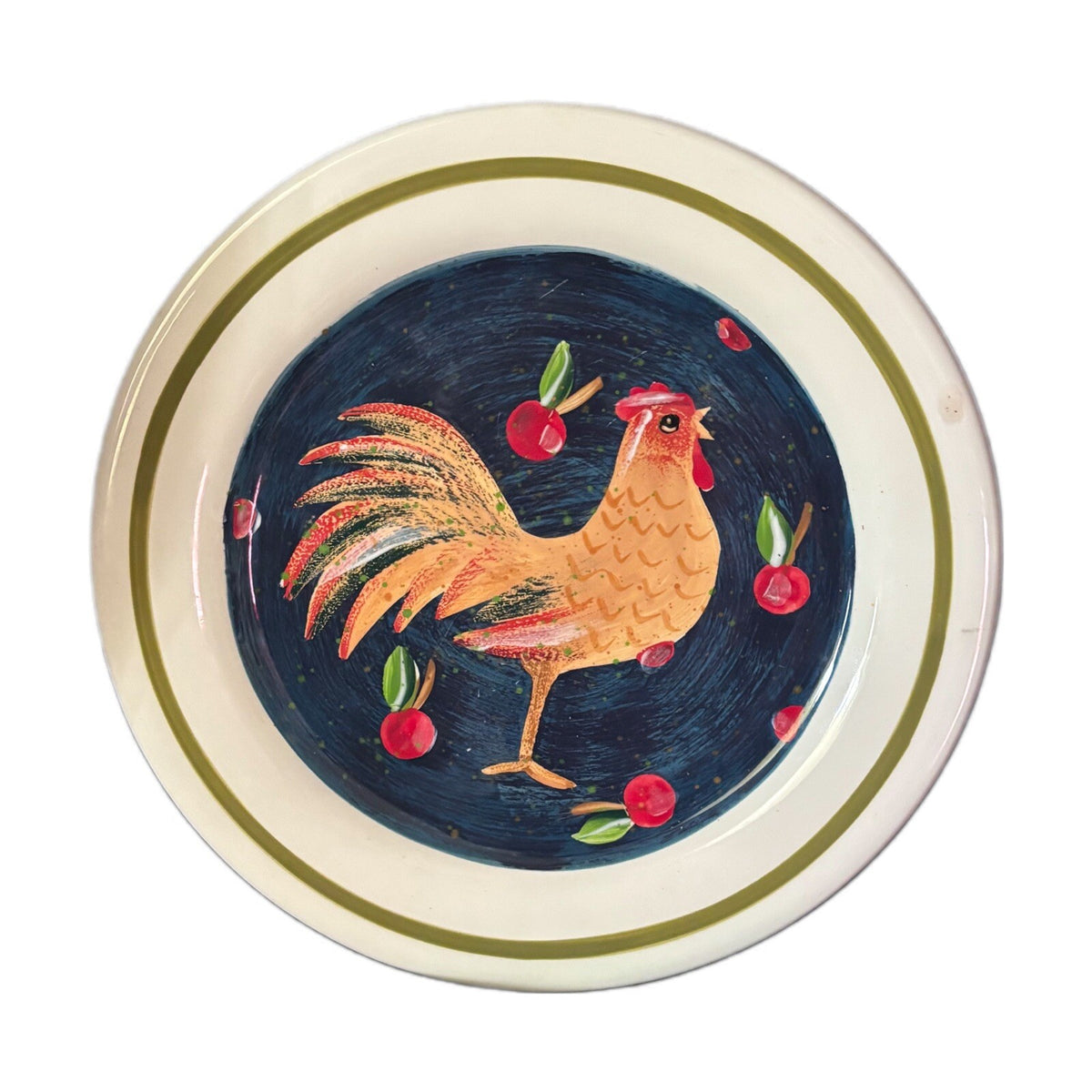 4-Rooster Salad Plates Blue Red Apples Ceramic Dessert Luncheon Appetizer Dishes