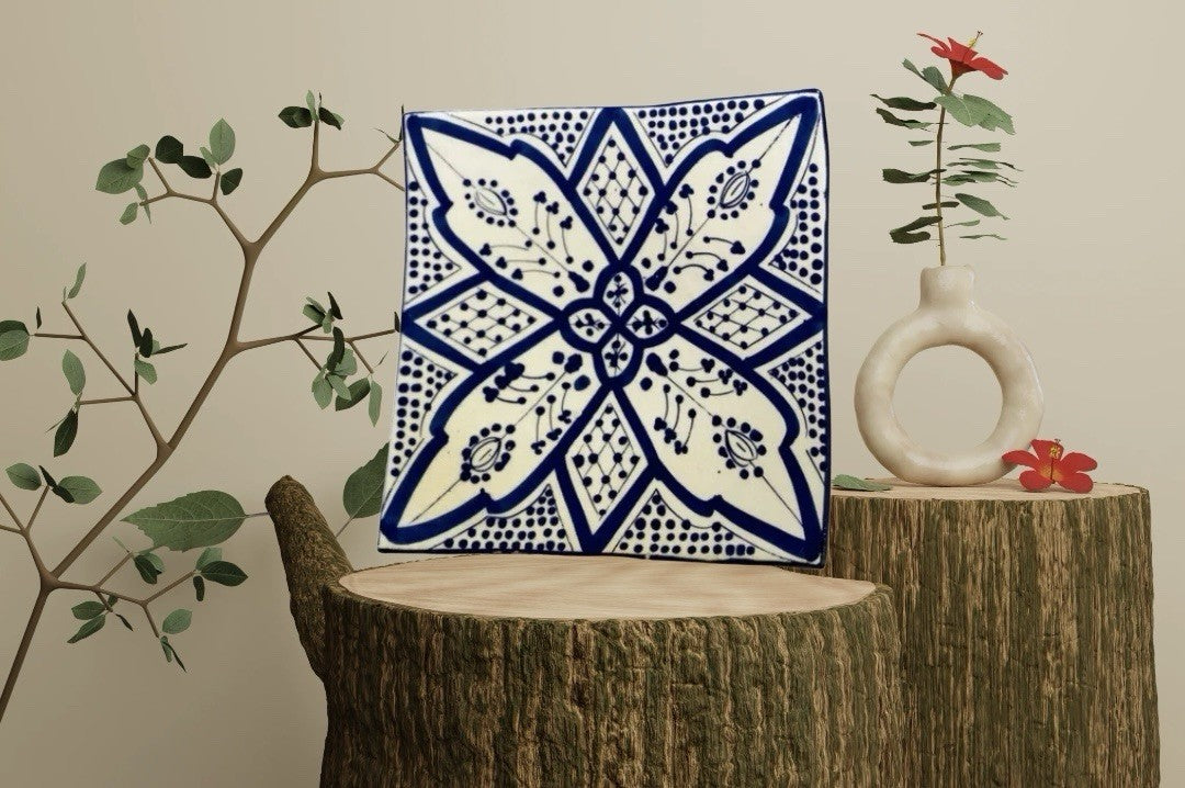 Handmade Moroccan Blue Pottery 4-Plates 6.5” D Square Salad Bread Appetizer Dish