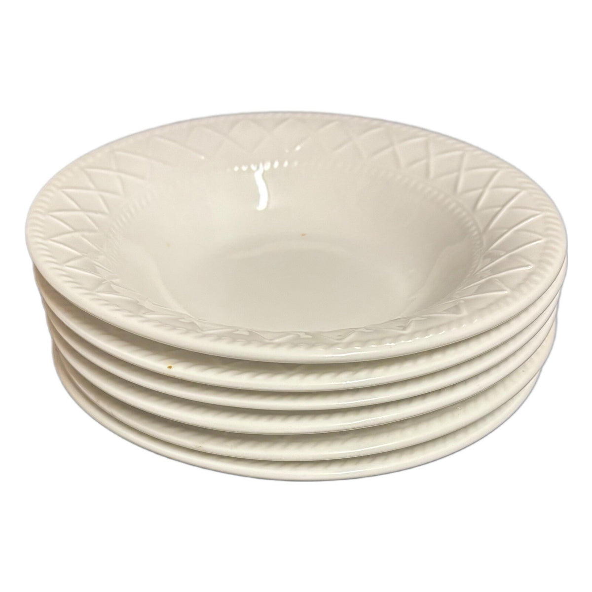 TOTALLY TODAY 6-Cereal Bowls All White Embossed Criss-Cross Border Ceramic Dish