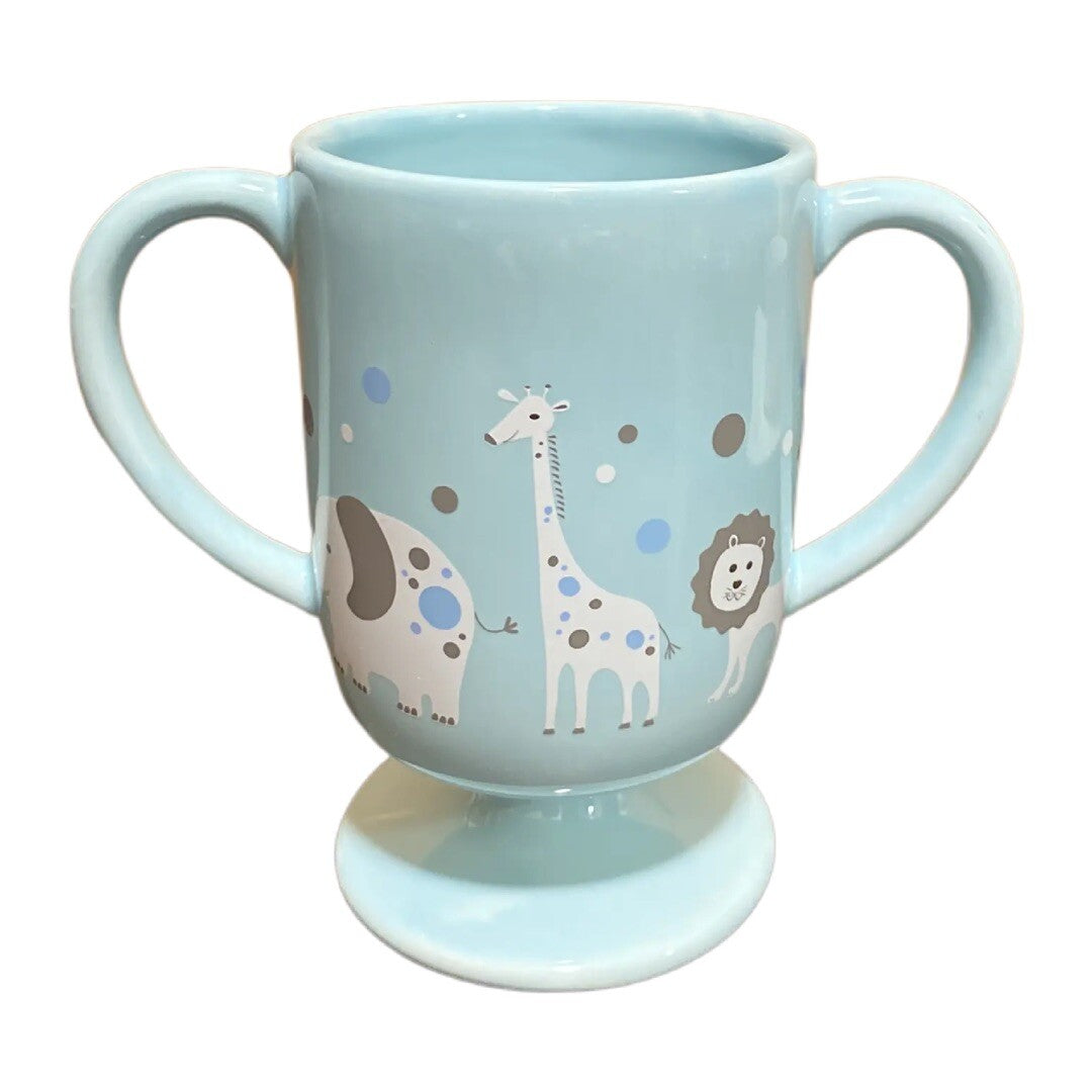 Teleflora MIGI Pedestal Mug Baby Boy Blue Cup Two Handle Lion Elephant Giraffe