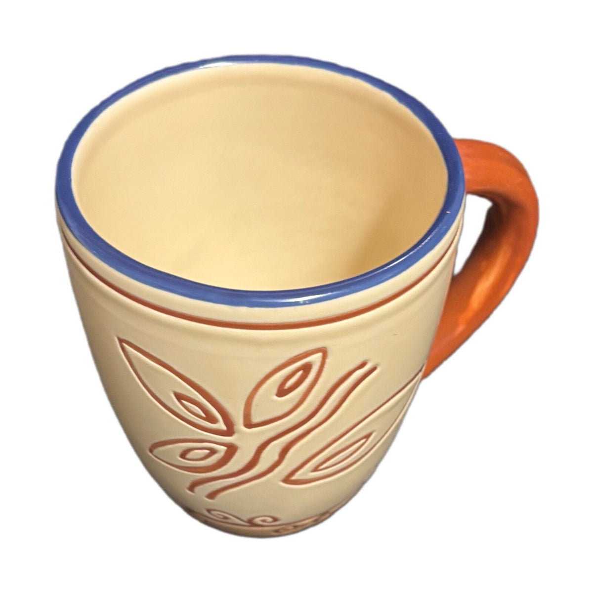 Pfaltzgraff TIMBUKTU 2-Mugs Ceramic Coffee Tea Cups Blue Trim Orange Handle