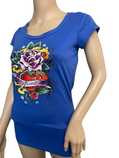Dots T-Shirt Forever Woman Blue Top Cap Sleeves SM. Floral