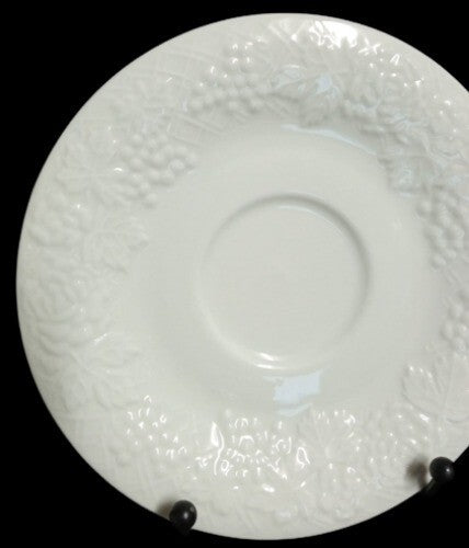 Gibson Designs FOUR SEASONS 4-Saucers 6 ½” D All White Embossed Fruit Floral Rim