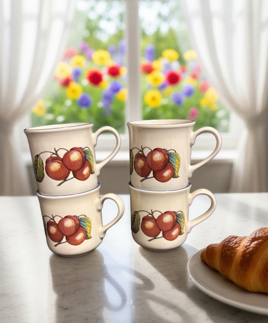 Staffordshire Autumn Fayre Cherry Mugs Set 4 England Vintage 10 Oz. Cups 3 5/8”H
