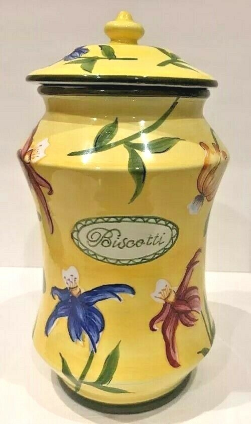 Nonni's Biscotti Cookie Jar & Lid Handmade Ceramic Floral Yellow Canister 12.5"H