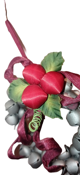 Christmas Hanging Silver Metal Jingle Bell Ornament Wreath Holly & Ribbon 4”