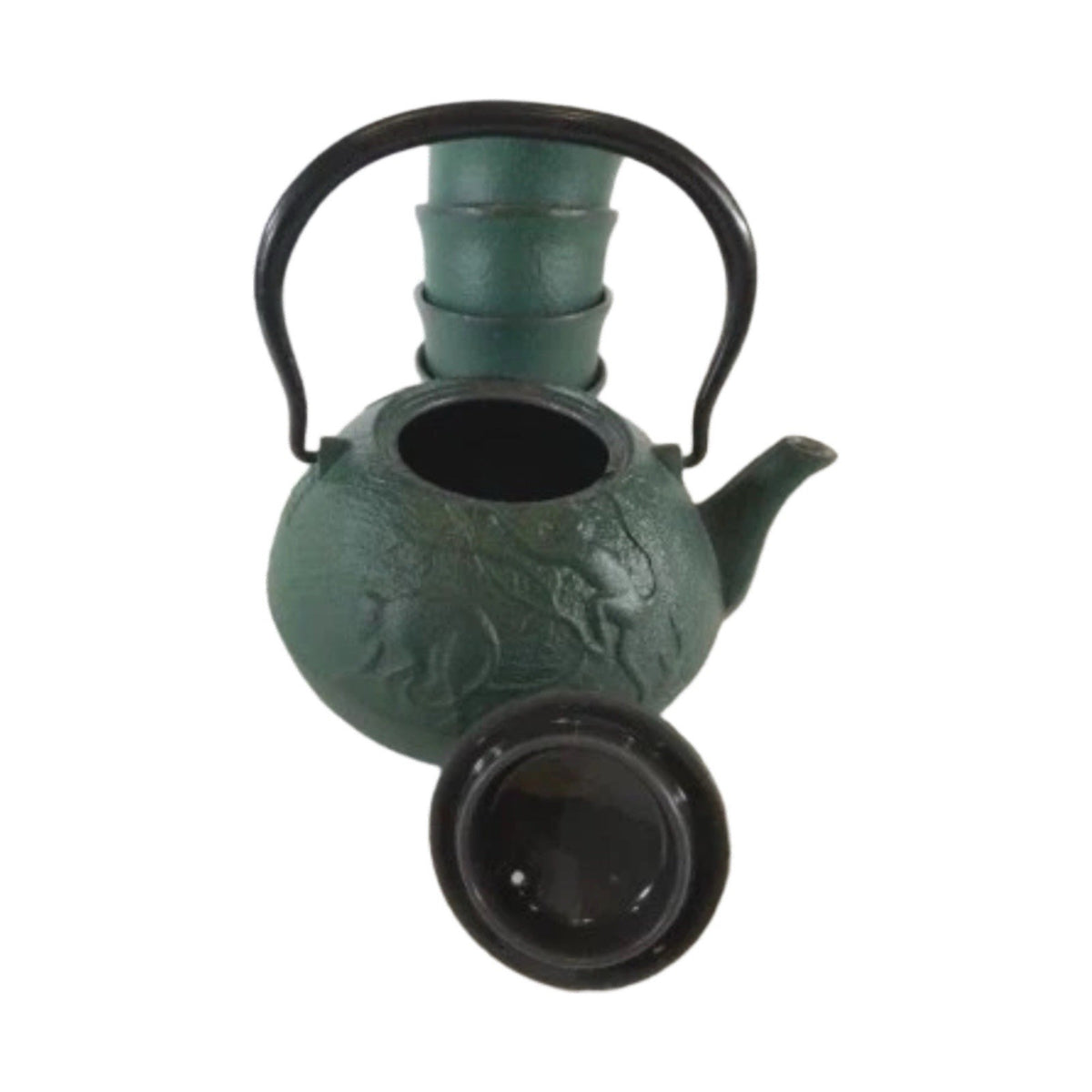 Japanese Cast Iron Teapot Set w/ 4 Cups Green Monkey & Bamboo Enamel Interior