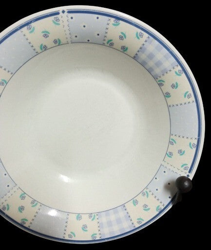 Gibson Designs HOME VALLEY 2-Soup Bowls 8” D Lilac Squares Flowers On Rim