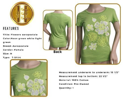Aeropostale T-Shirt Floral Woman Cotton Top Crew Neck Md. Green Tee