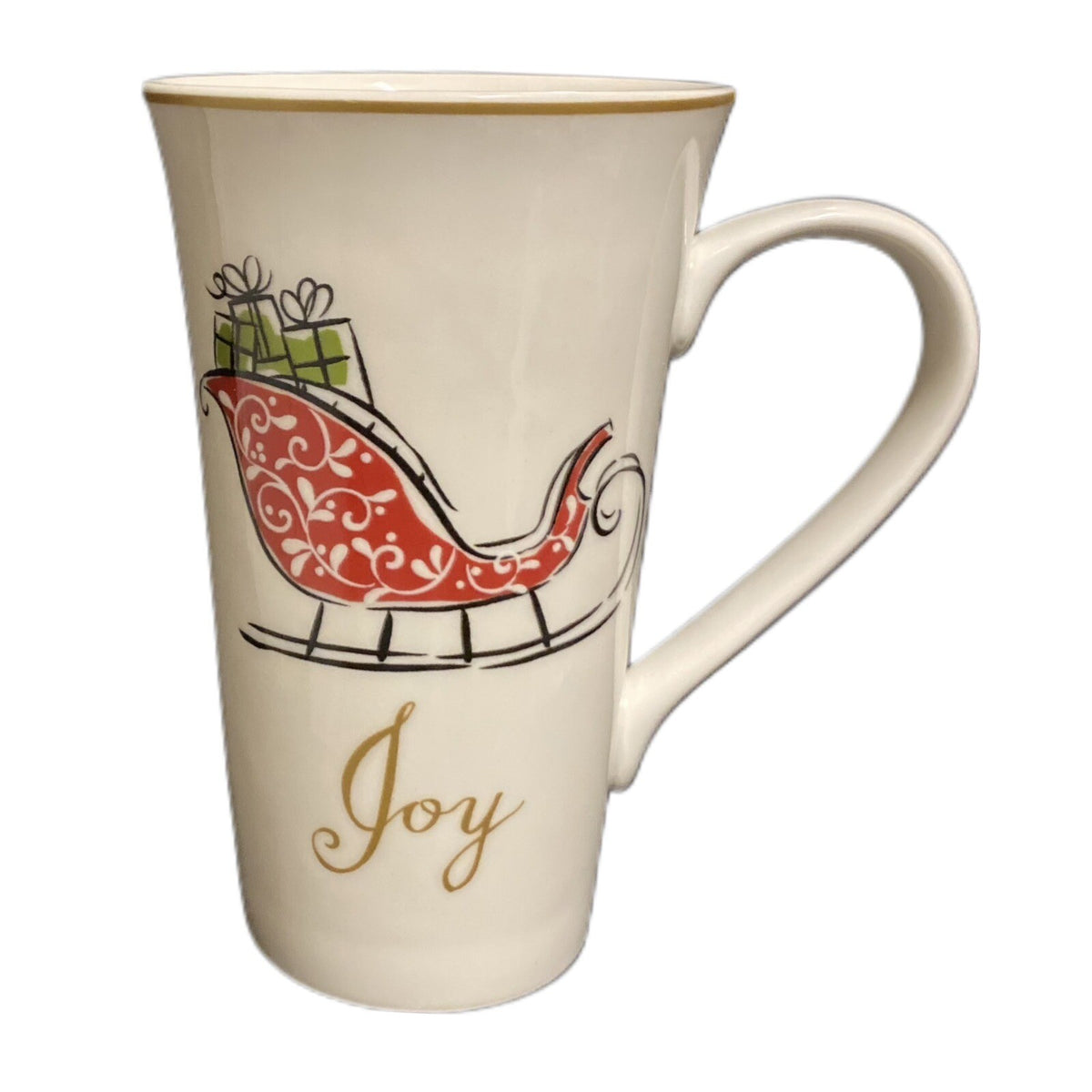 222 Fifth NATALA 3-Latte Mug Cardinal Christmas Tree Sleigh Peace Joy Noel Gold
