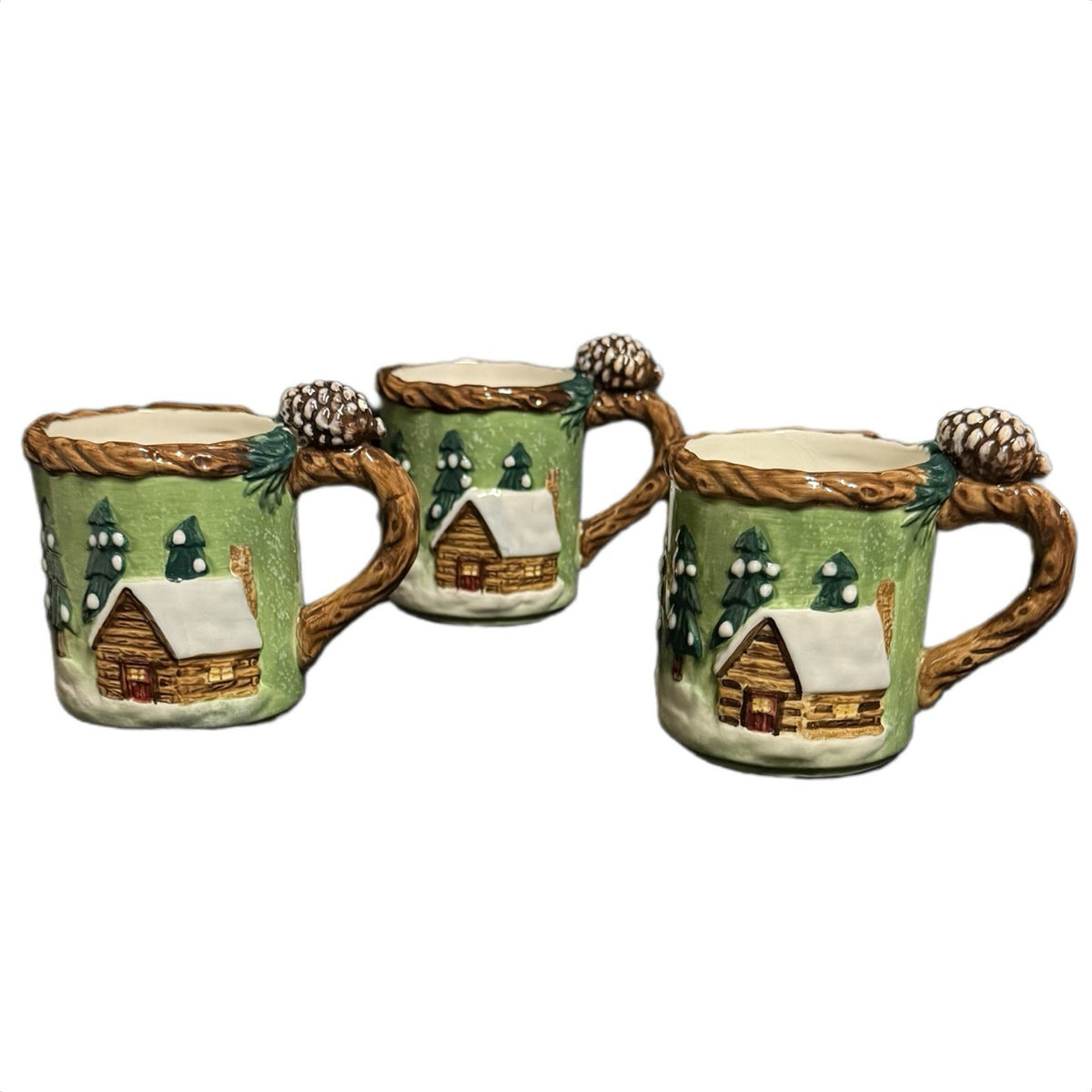 BICO 3D Holiday Teapot w/ 3 Mugs Moose Bear Pine Cone Lid Christmas Cabin Decor