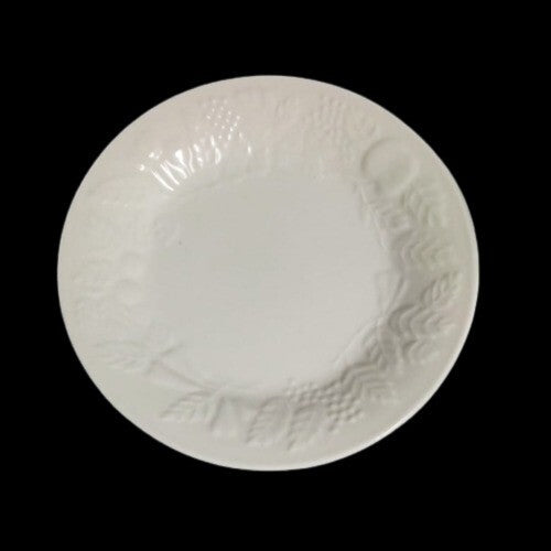 Gibson Fruit 4-Salad Plates White Embossed Apple Grape Cherry Pear Dessert 7.5”D