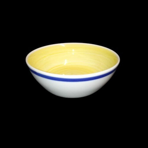 Gibson Designs TAVERNWARE YELLOW 2-Fruit Bowls 5 5/8”D Yellow Band Blue Rings 