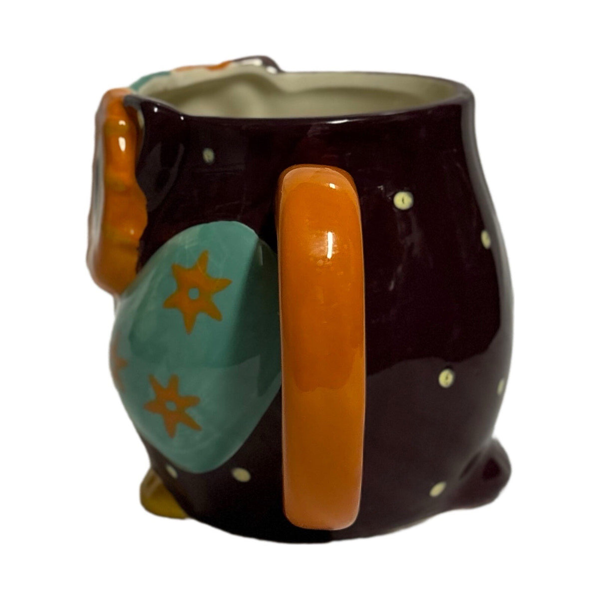 Rustic Barn Owl Mug Ceramic Coffee Tea Cup Orange Handle Black White Dots