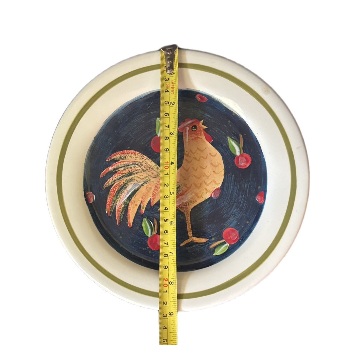 4-Rooster Salad Plates Blue Red Apples Ceramic Dessert Luncheon Appetizer Dishes