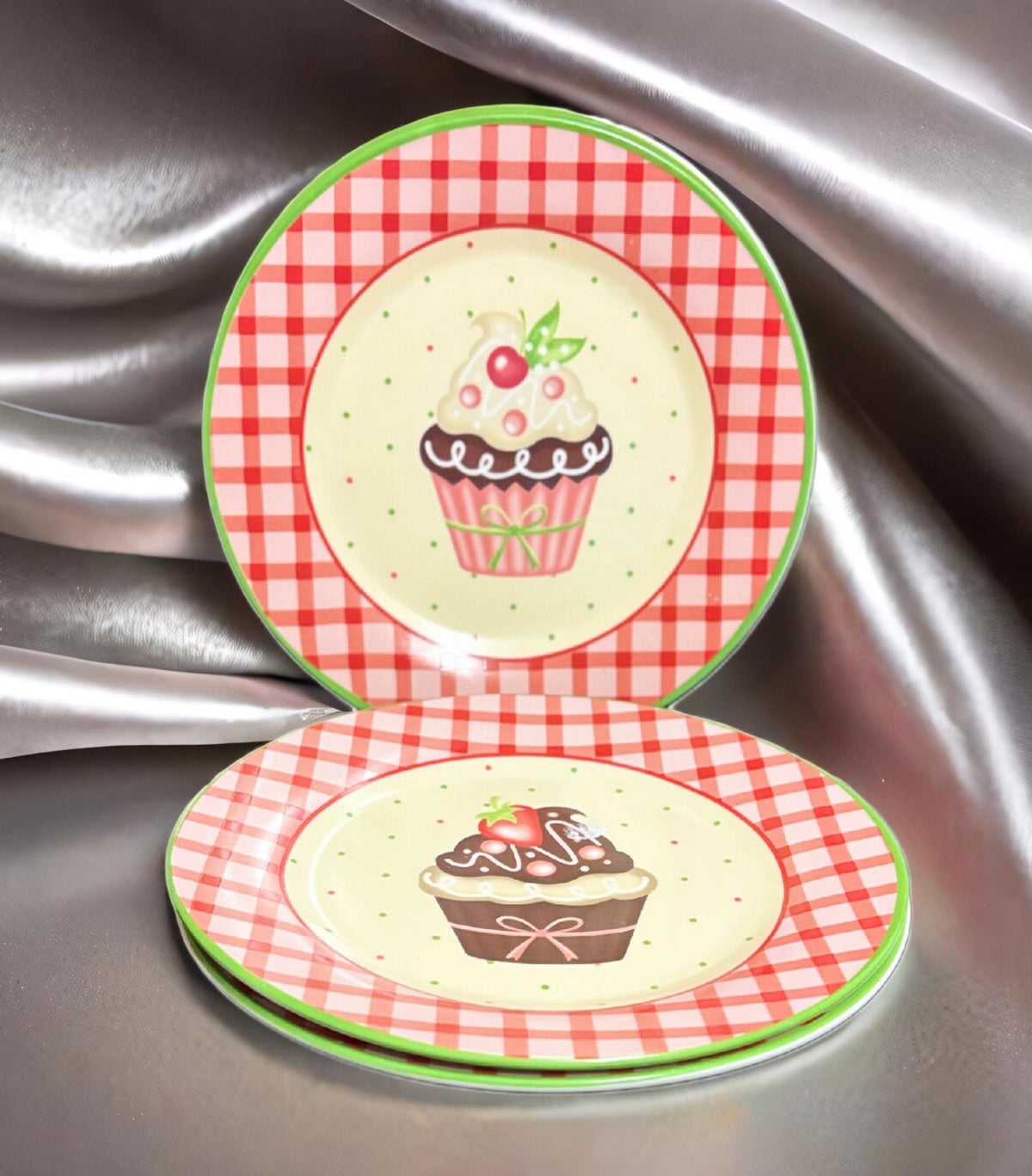 TRISA 4-Dessert Plates Sweets Birthday Cupcake Party Plate Checkered Border 8”D