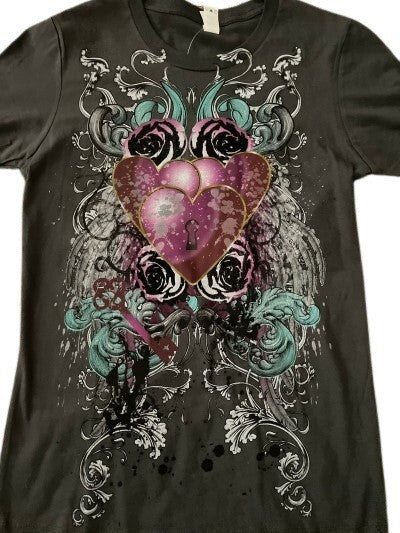 Next Level T-Shirt ABSTRACT Hearts & Flowers Graphic Neck Gray Tee MD Cotton Top