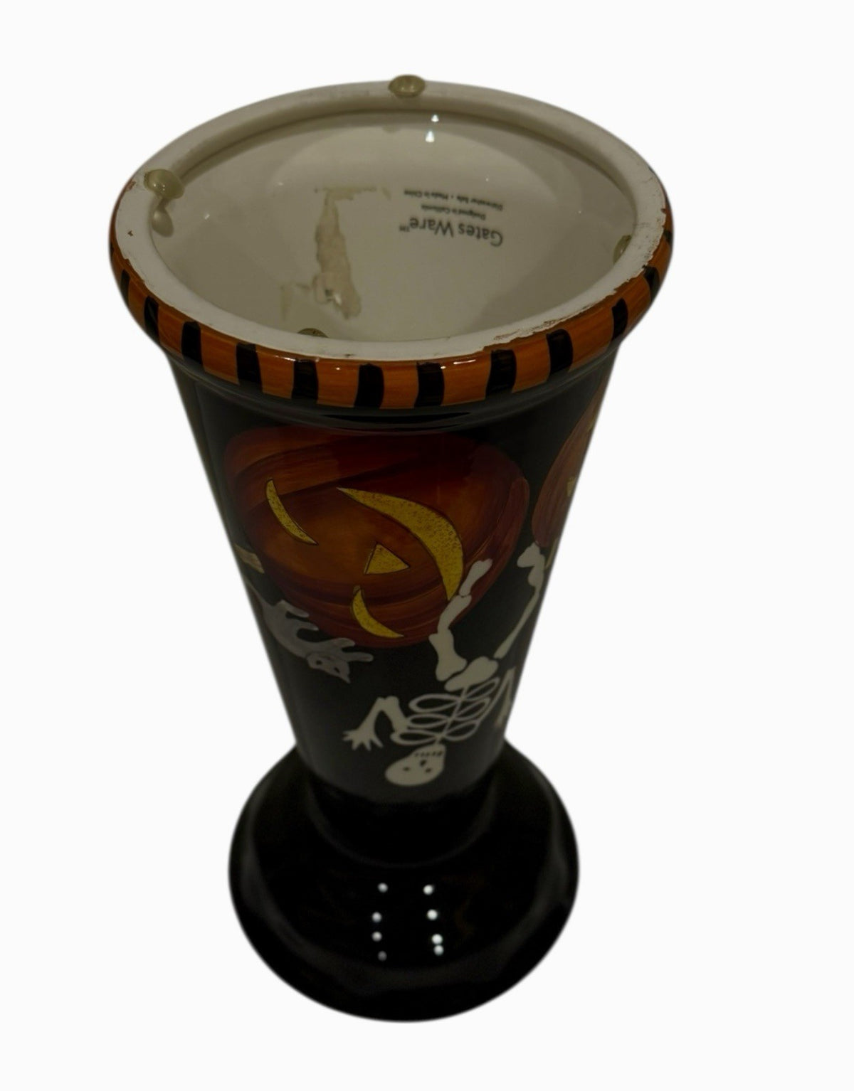 Gates Ware Halloween Skeleton Pumpkin Candy Bowl 11” Pedestal Spiderweb Ceramic