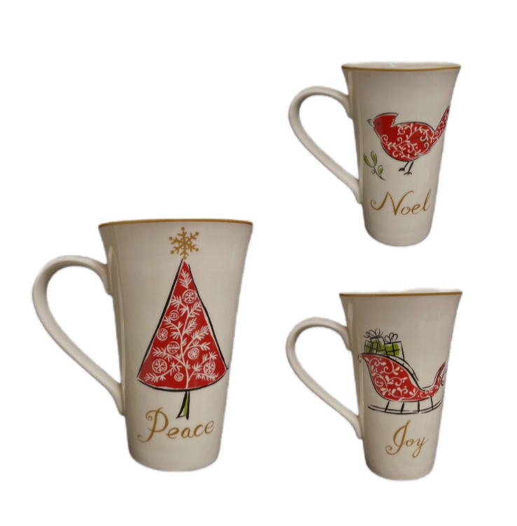 222 Fifth NATALA 3-Latte Mug Cardinal Christmas Tree Sleigh Peace Joy Noel Gold