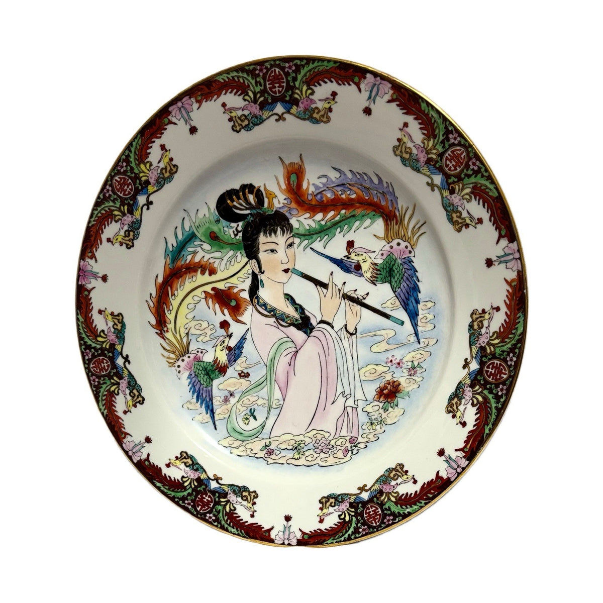 FAMILLE ROSE HandPainted Vintage Plate Porcelain Birds Asian Woman Playing Flute