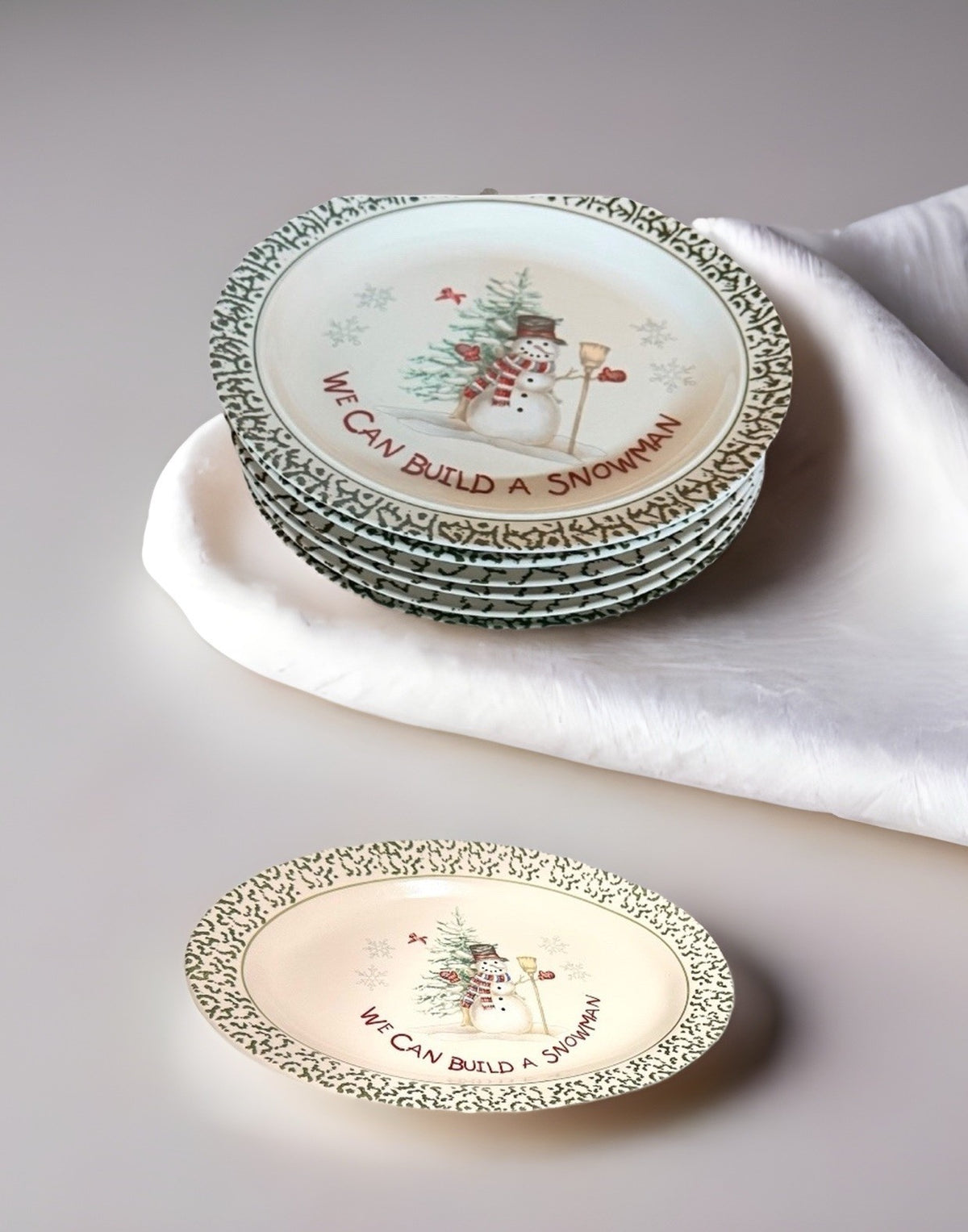 Vintage Christmas We Can Build A Snowman 6- Dinner Plates 1- Serving Platter