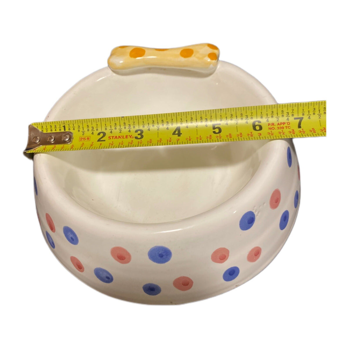 Italian Hand Painted Ceramic Dog Bowl with 3D Bone & Polka Dots | Puppy Dish