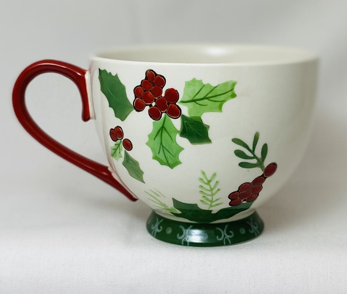 Dutch Wax Footed Cup Coastline Imports Hand Painted Poinsettia Holly Berries