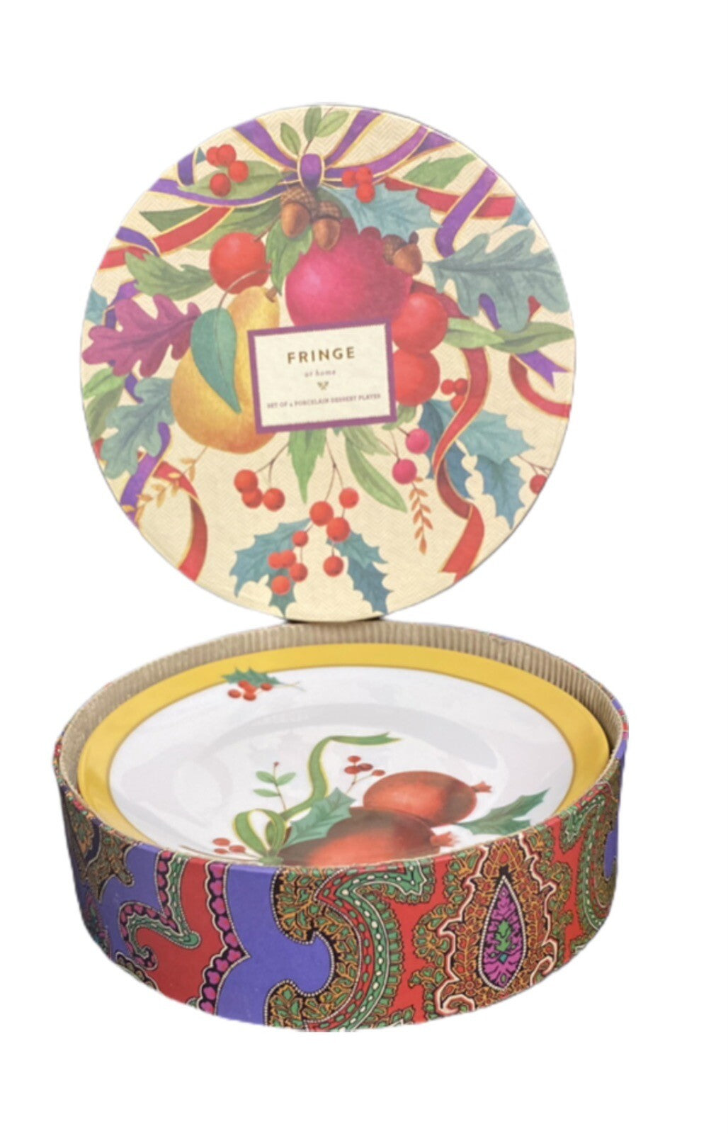 Fringe Studio 4 Salad Plates Christmas Dessert Dishes Fruits Holly Berry Bow CA