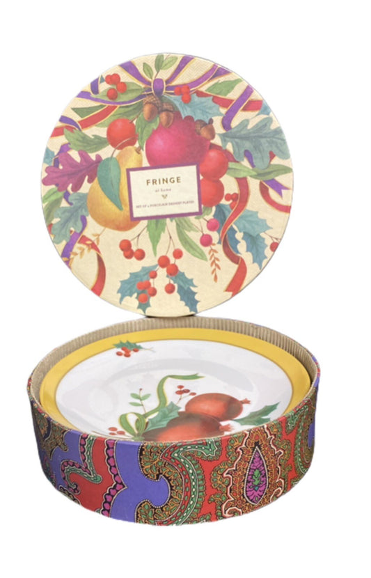 Fringe Studio 4 Salad Plates Christmas Dessert Dishes Fruits Holly Berry Bow CA