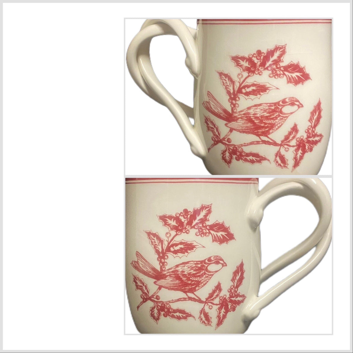 Williams-Sonoma Mug Holiday Toile Hollie Red Bird Berries Twisted Double Handle